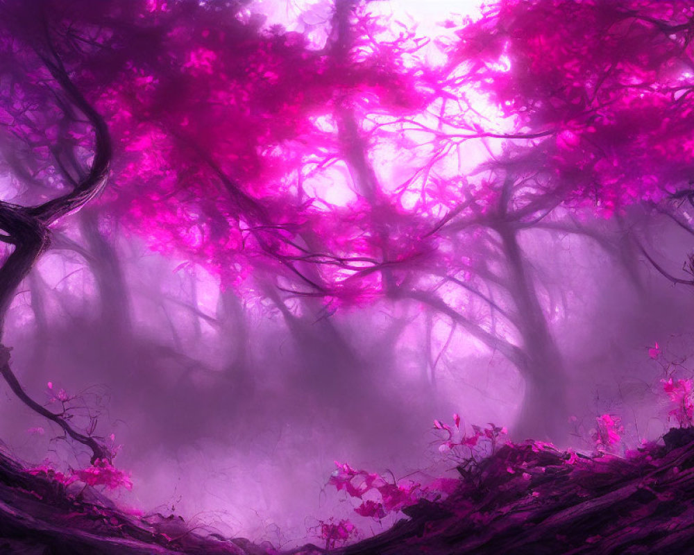 Misty forest with twisted trees and pink foliage