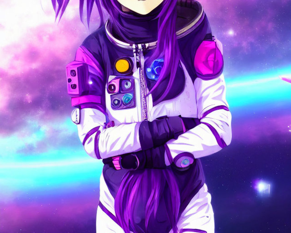 Purple-haired anime girl in space suit with cosmic background.