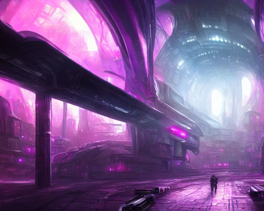 Futuristic purple cityscape with glowing towers and lone figure