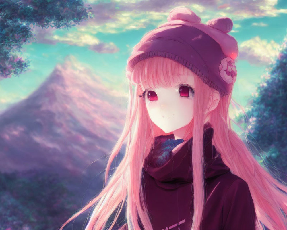 Anime character with pink hair and beret in pastel landscape.