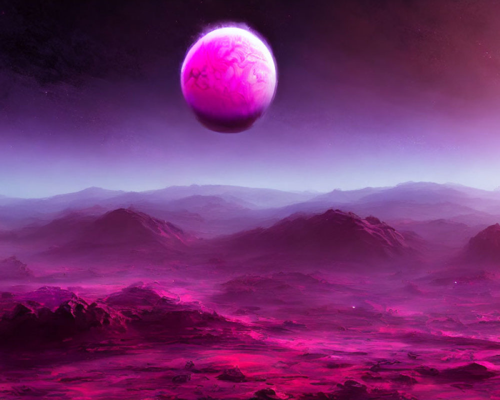 Surreal landscape with purple hues, rocky terrain, and large pink planet in misty sky