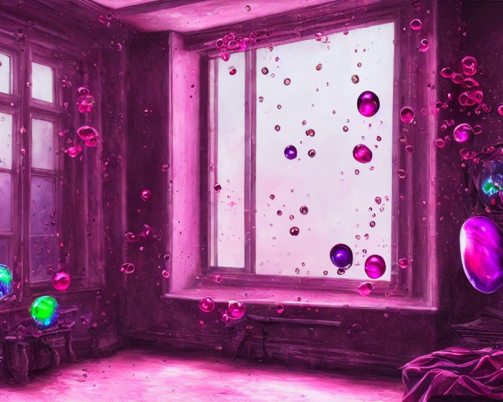 Surreal Purple Room with Floating Bubbles by Bright Window