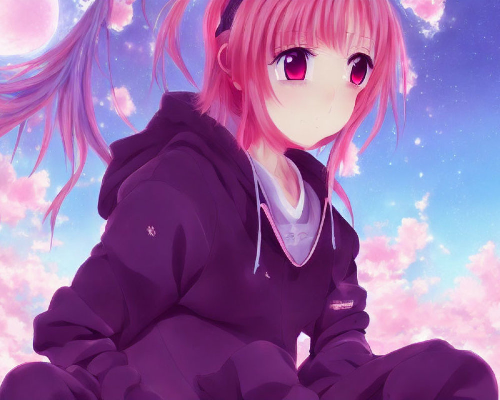 Pink-haired anime girl with large eyes in pensive pose against pink clouds and twilight sky