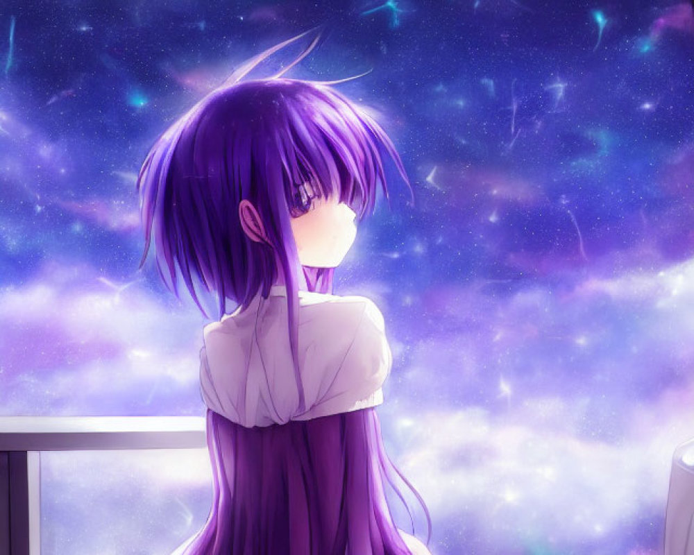 Purple-haired anime girl admires star-filled galaxy through window