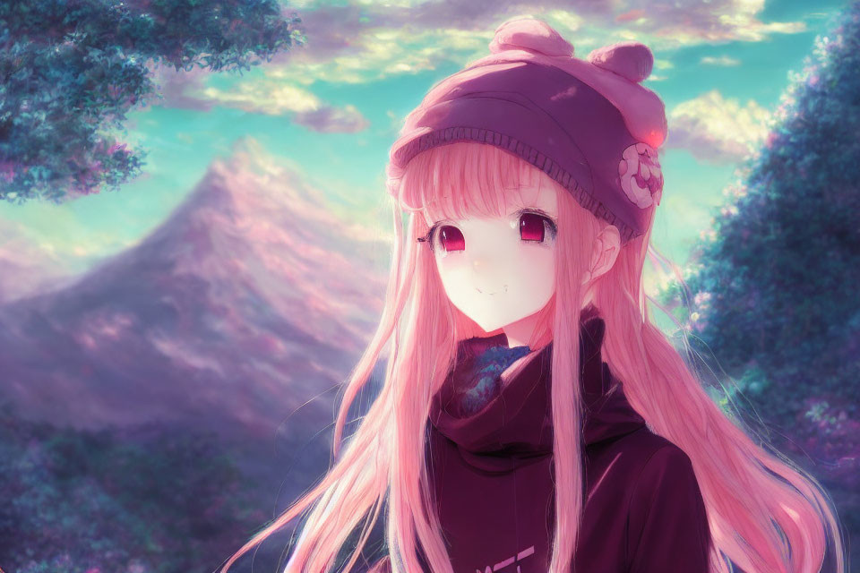 Anime character with pink hair and beret in pastel landscape.