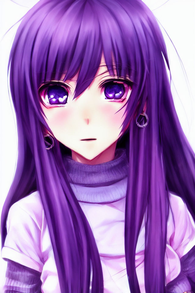 Purple-haired anime girl in turtleneck with large eyes