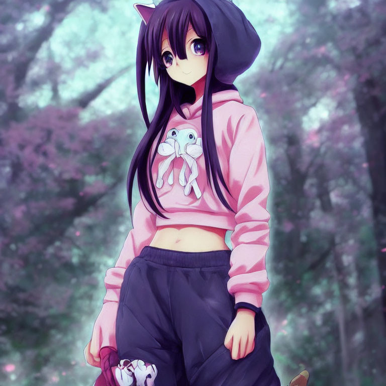Girl with Long Purple Hair and Cat-Like Traits in Pink Hoodie and Cherry Blossom Setting