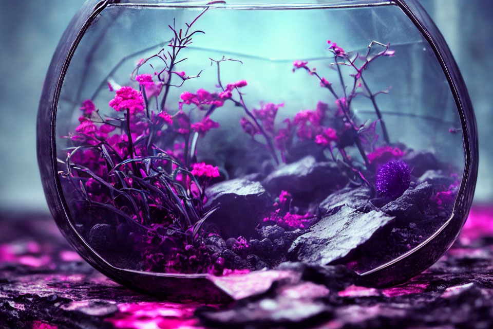Colorful terrarium with purple flowers and dark rocks in round glass container on misty blue background