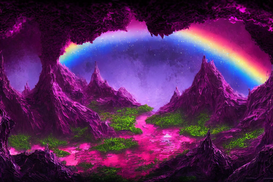 Colorful fantasy landscape: purple mountains, rainbow sky, lush green and pink forest floor from dark cave