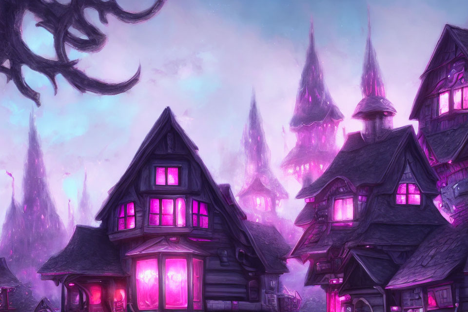 Fantasy village with glowing purple windows and pink skies