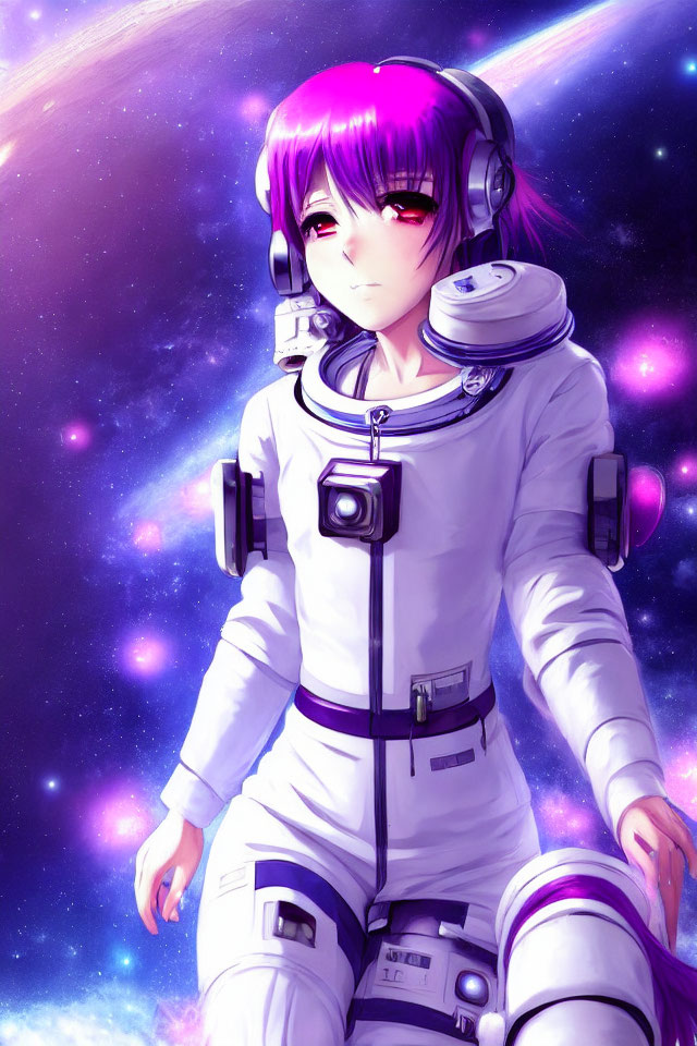 Purple-haired anime character in spacesuit with headphones in cosmic setting