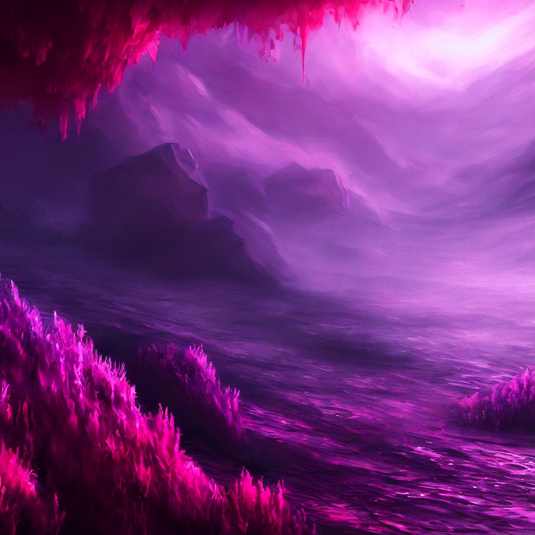 Surreal Purple Landscape with Misty Mountains and Vibrant Flora