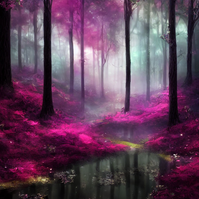 Mystical forest with purple foliage, tranquil pond, and ethereal fog