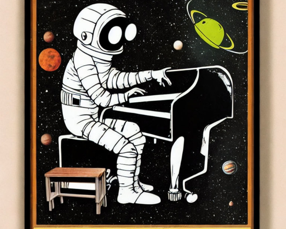 Cartoon astronaut playing grand piano in space with colorful planets and UFO.