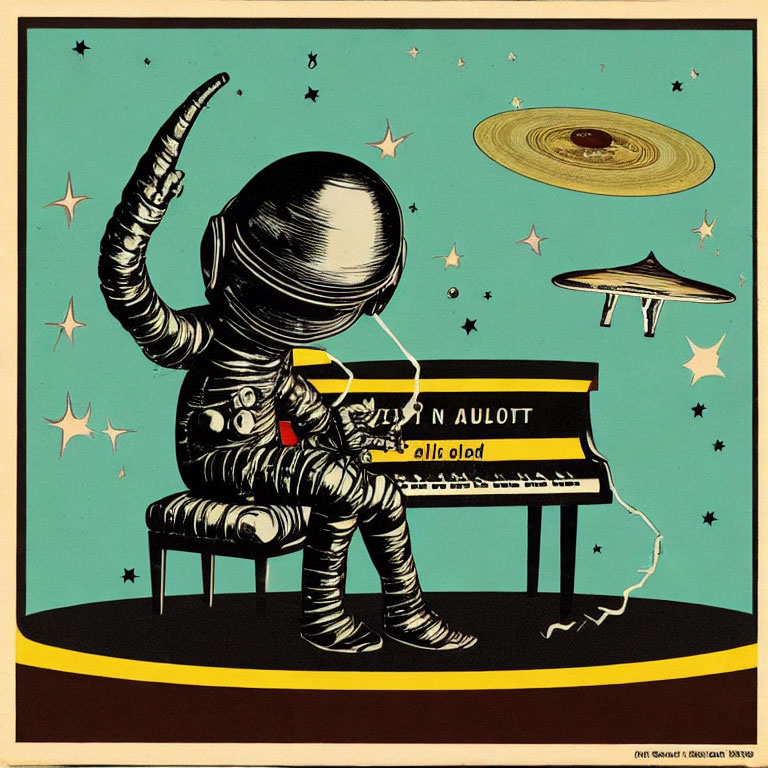 Astronaut playing keyboard in space with stars, UFO, and Saturn