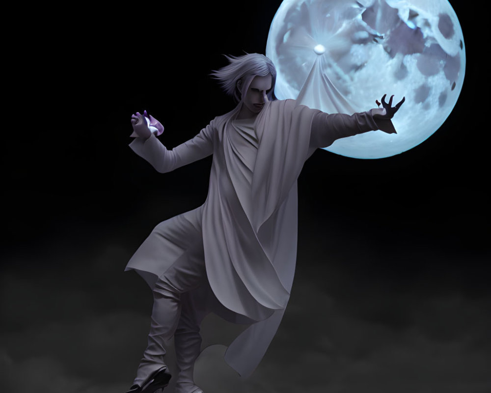 White-haired mystical figure performing magic against moon backdrop
