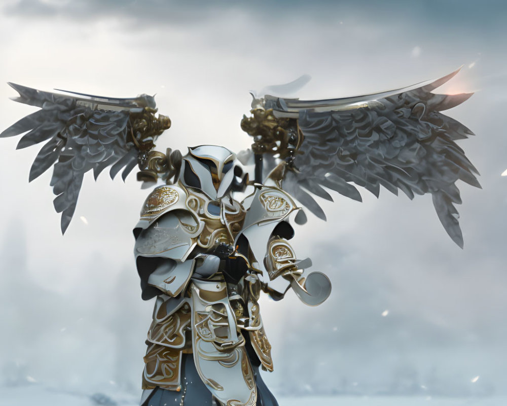Armored figure with golden trim and mechanical wings in snowy landscape