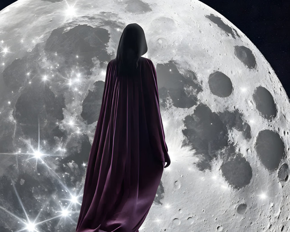 Figure in flowing purple cloak under large moon and starry sky