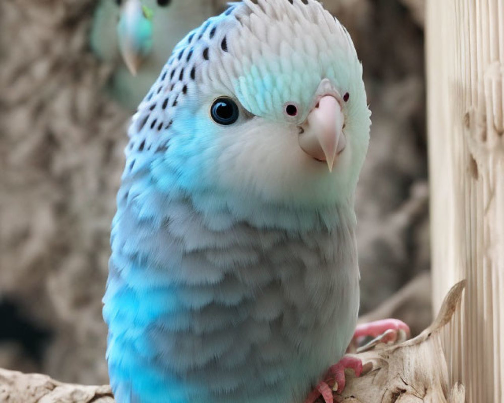 Blue and White Budgerigar Perched on Branch with Another in Background