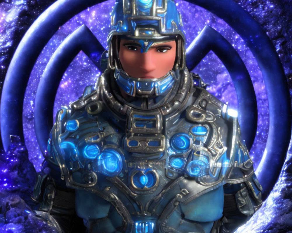 Futuristic character in blue armor with cosmic background