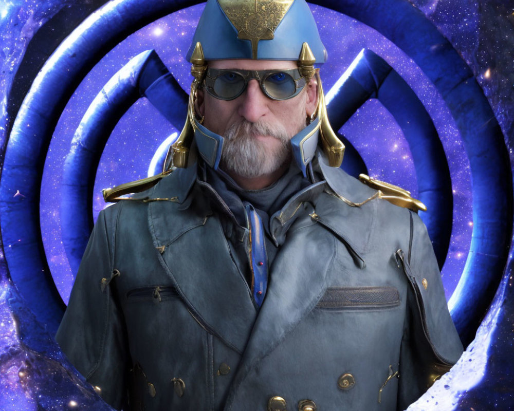 Person in costume with blue military-style cap and shoulder armor against cosmic background with swirling blue patterns