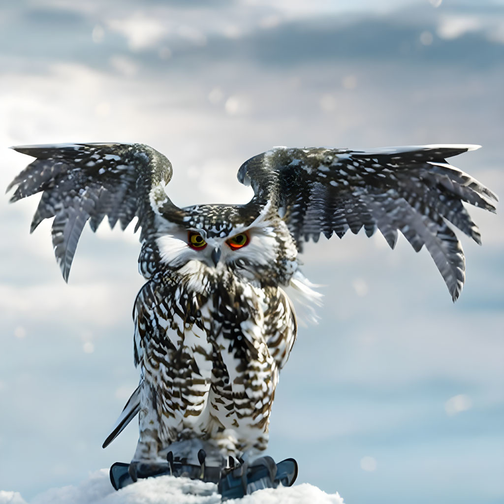 Speckled owl with yellow eyes perched on snowy surface