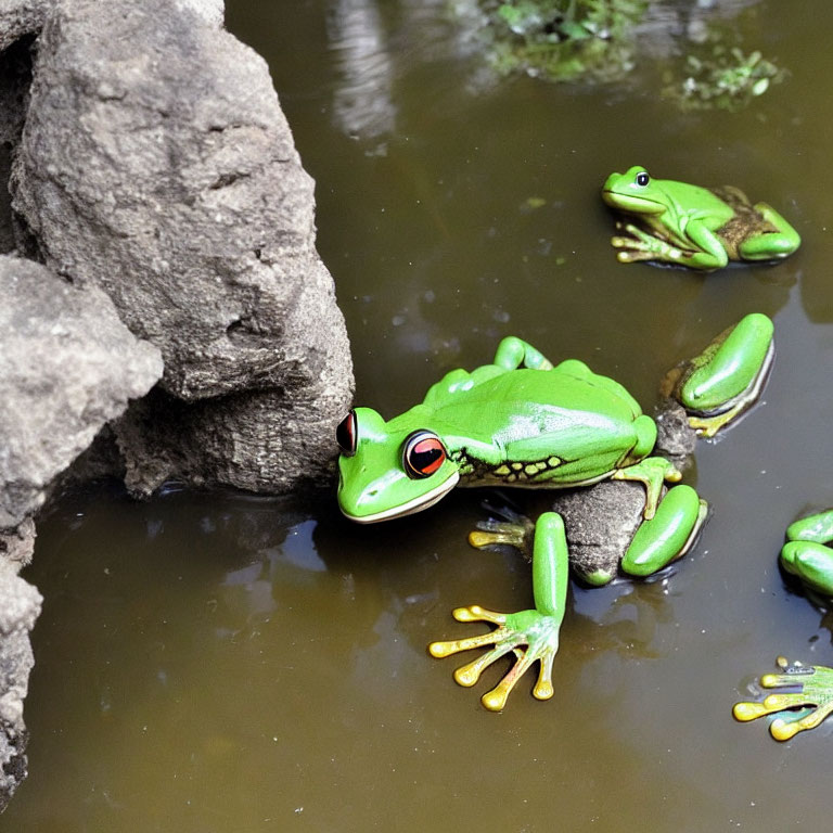 Vibrant Green Frogs with Red Eyes and Yellow Feet Resting by Murky Water