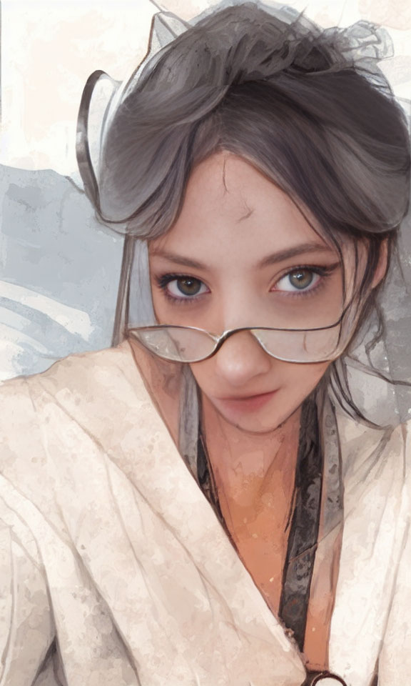 Woman with Blue Eyes in Glasses, White Blouse, Dark Undershirt, Gray Hair