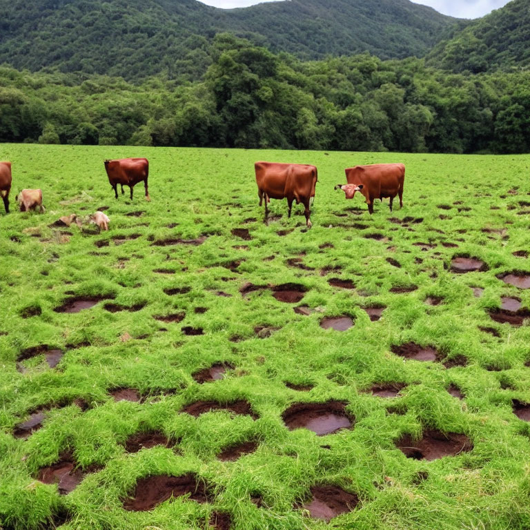 Cows grazing in lush green field with puddles and forested hill.