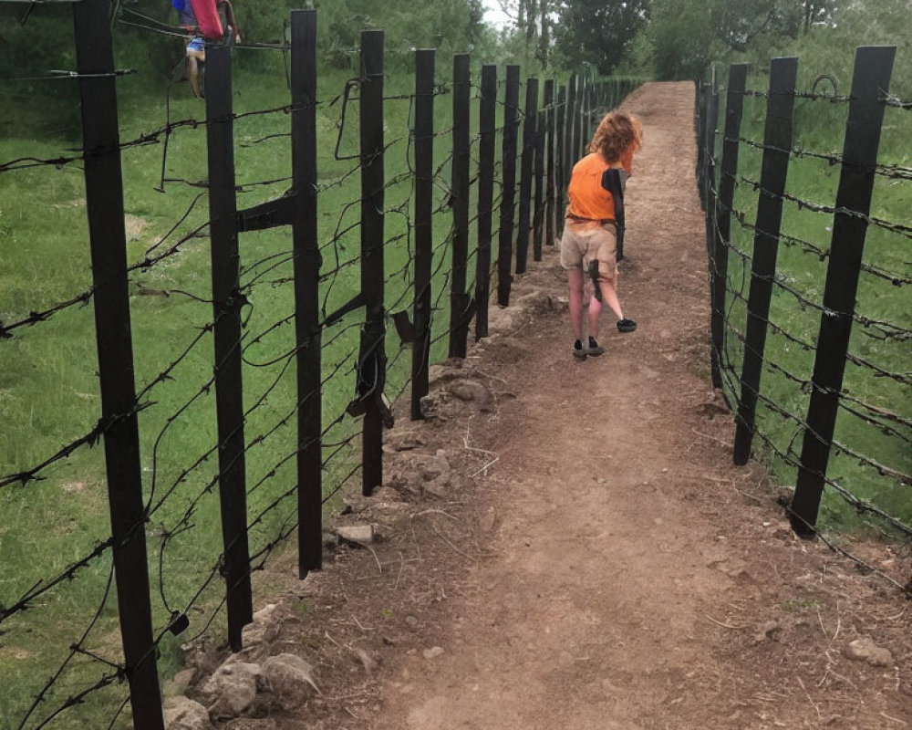 Child in orange shirt walking near barbed wire fence with adult and trees.