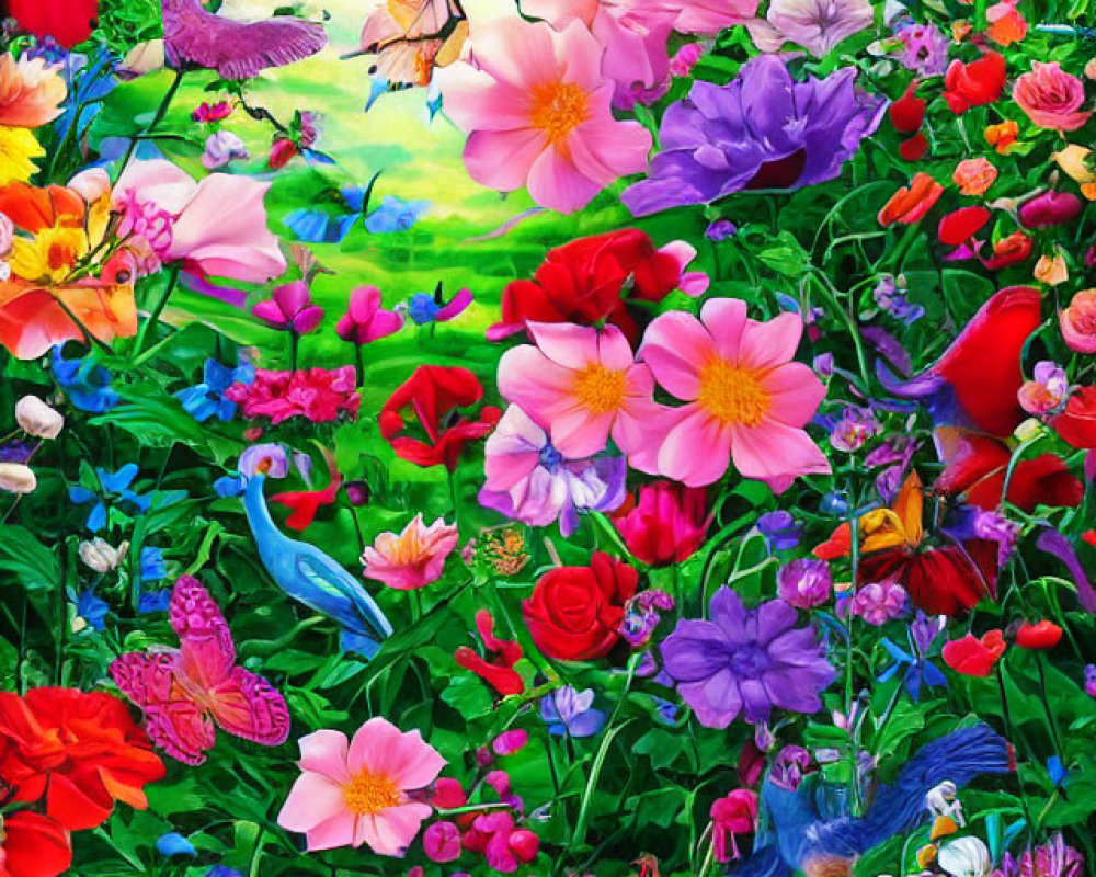 Colorful garden scene with flowers, butterflies, and bird in lush foliage