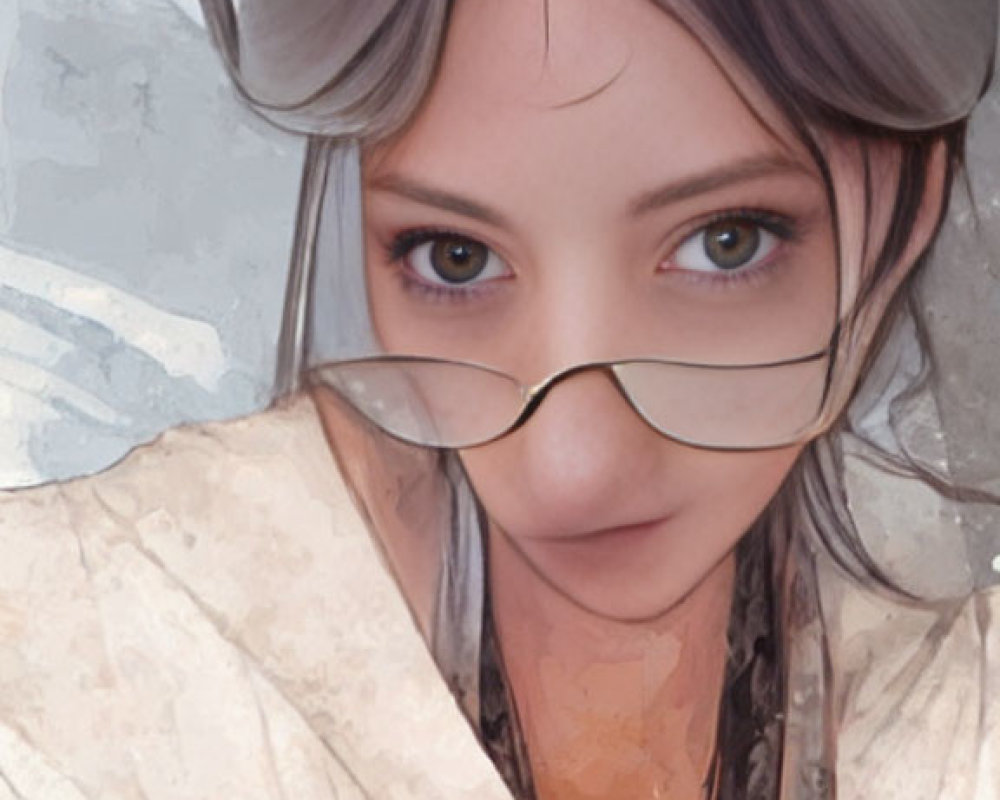 Digital artwork of a woman with striking eyes in rimless glasses, traditional white garment.