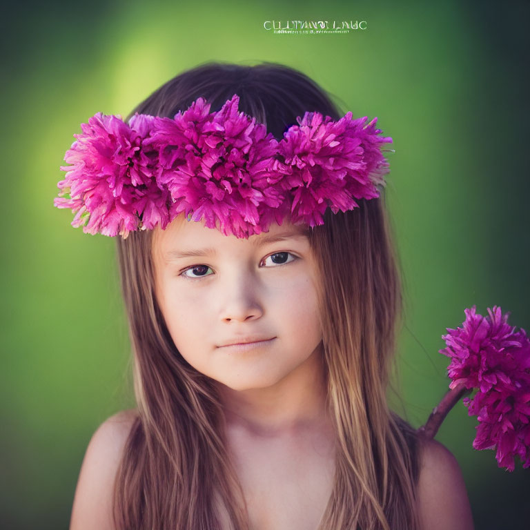 Young girl wearing a floral crown against green blur.