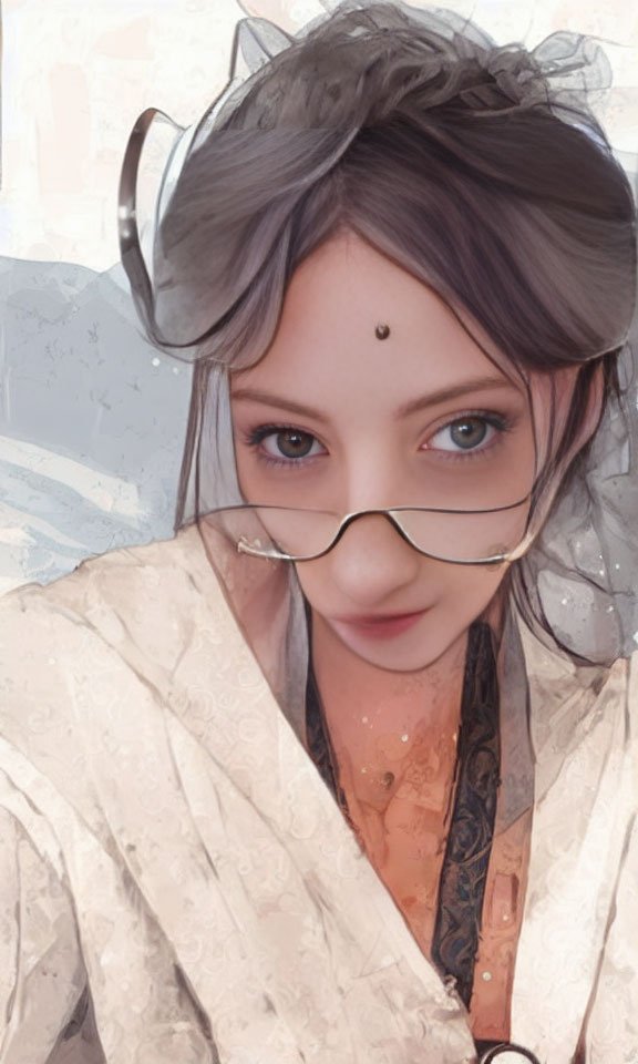 Illustrated female character with grey hair, glasses, traditional attire, and bindi
