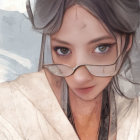 Digital artwork of a woman with striking eyes in rimless glasses, traditional white garment.