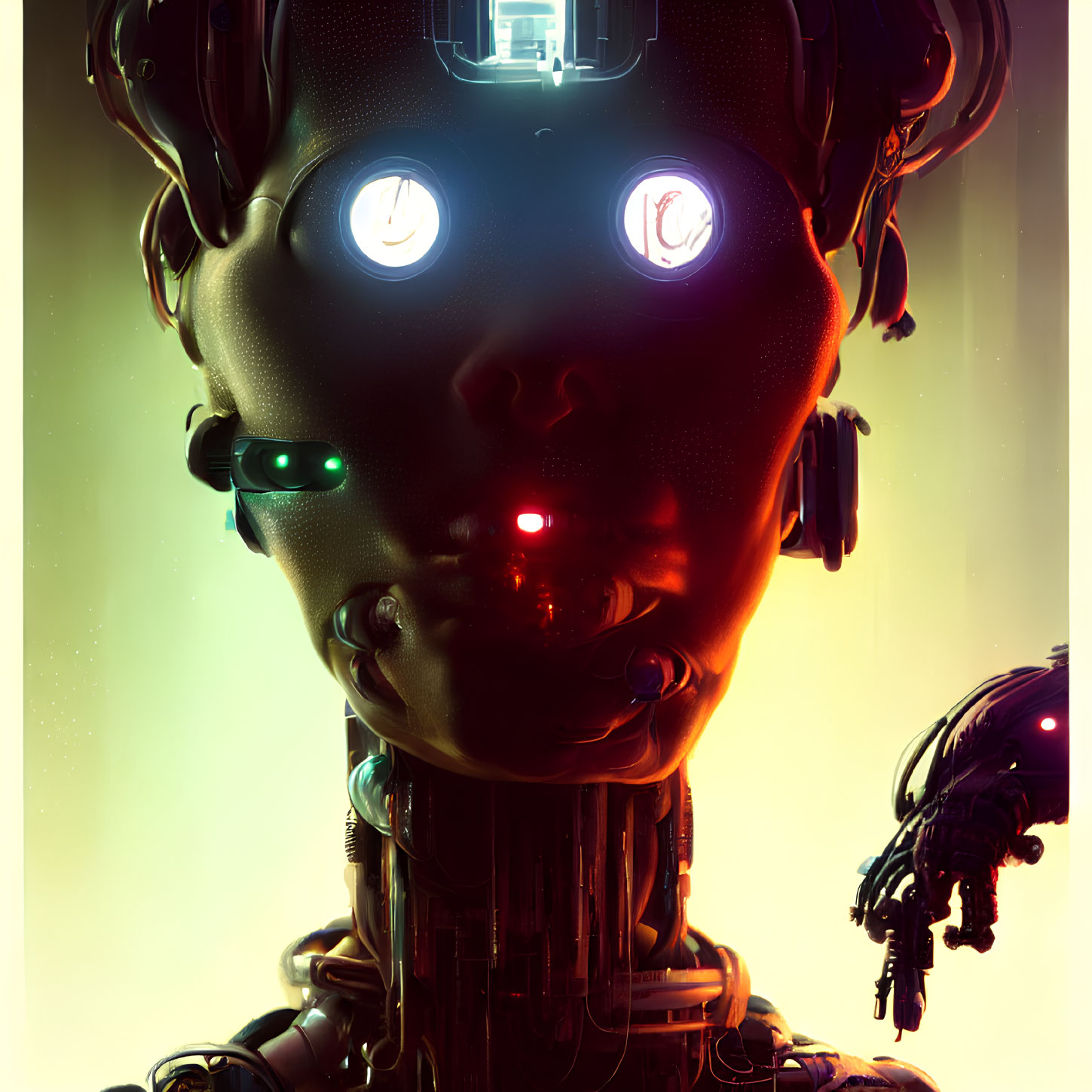 Detailed Close-Up of Futuristic Robot with Human-Like Face