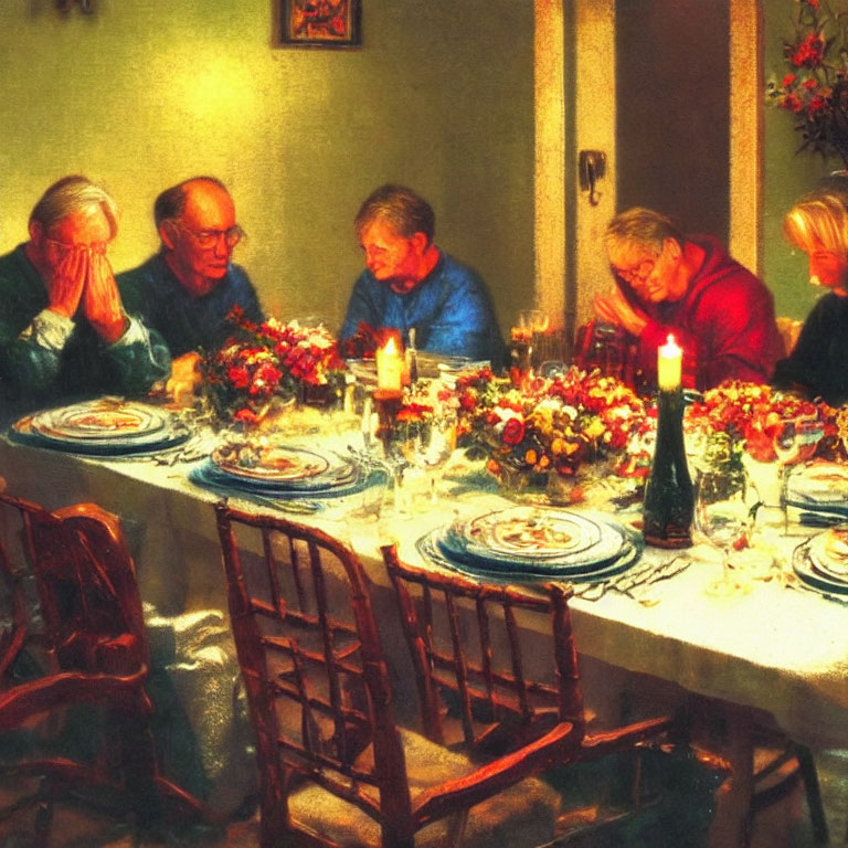 Group of People Praying at Candlelit Dining Table