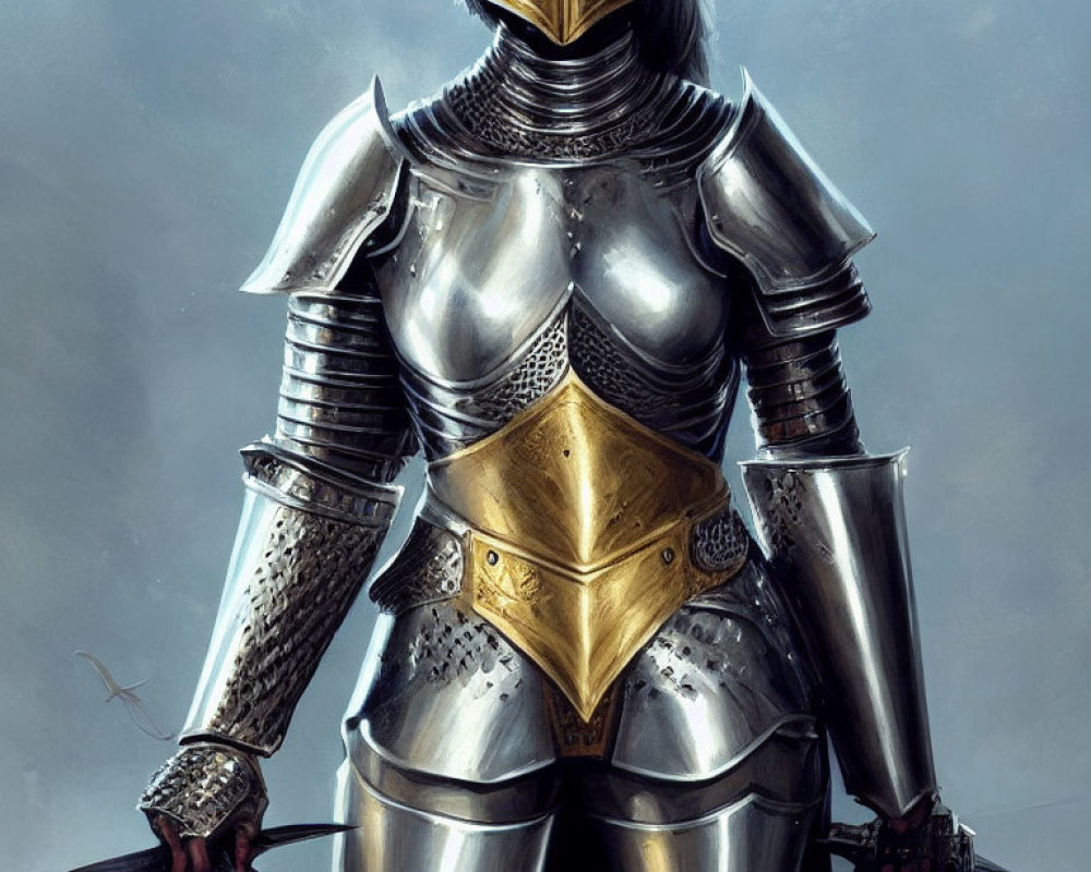 Medieval armor-clad figure with golden breastplate and sword