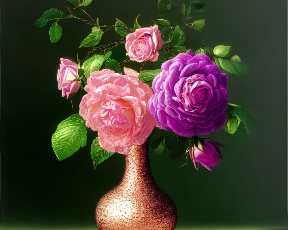 Bronze vase with pink and purple roses on dark background