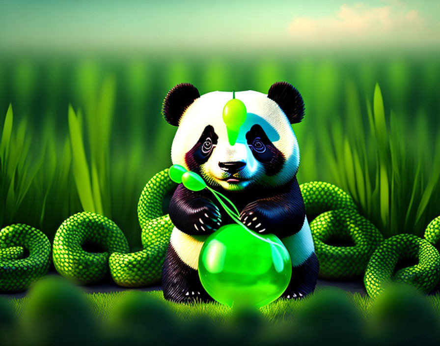   a small panda holding a green balloon in a field