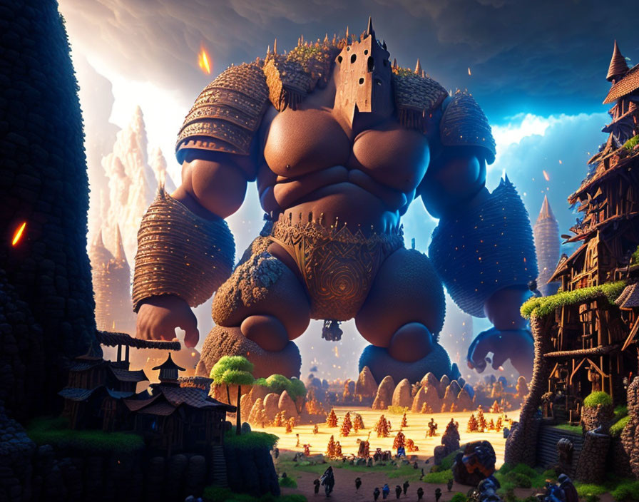 Enormous animated king-like character with castle on back in fantasy landscape