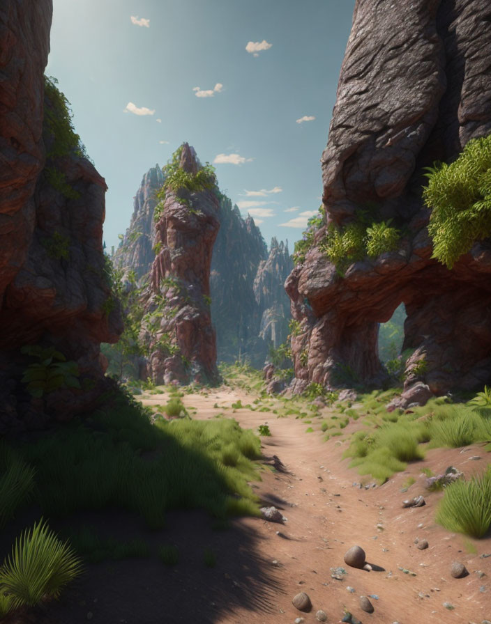 Tranquil canyon path with towering cliffs and lush greenery