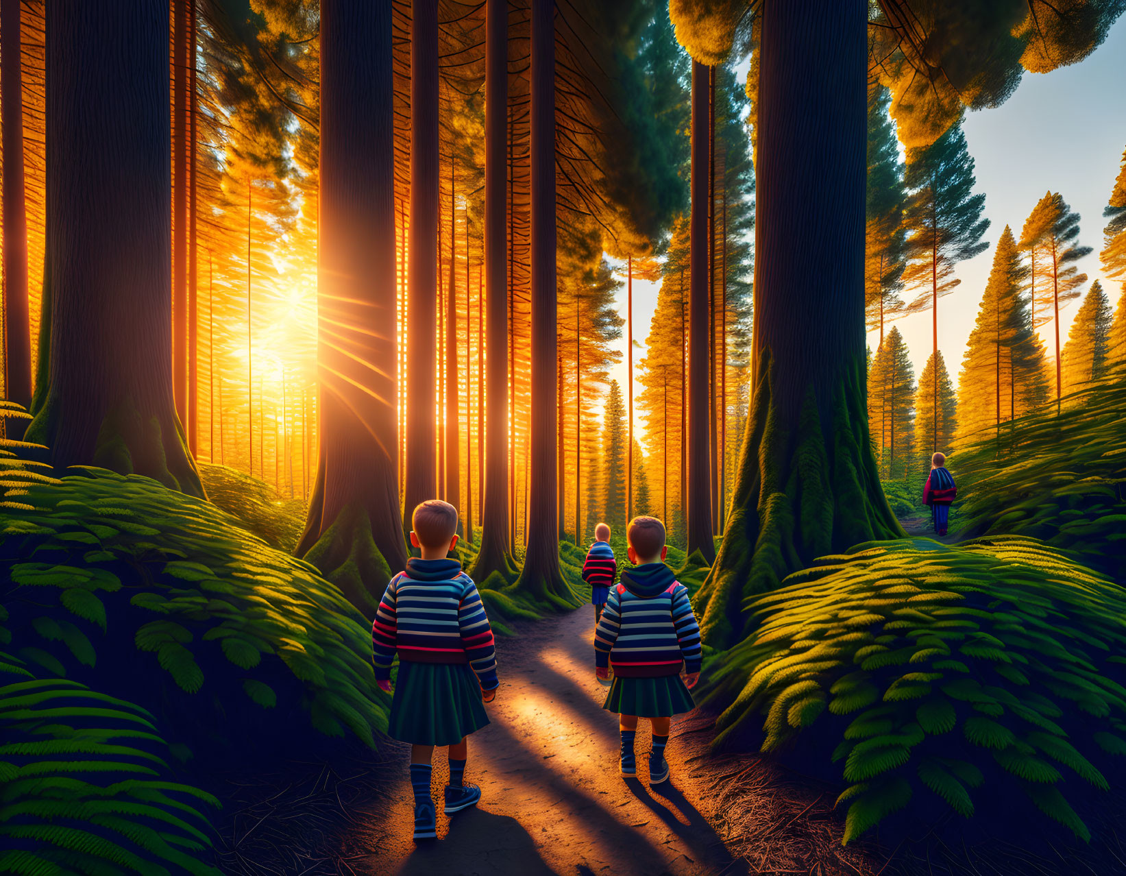 Children walking on forest path with sunlight filtering through trees.