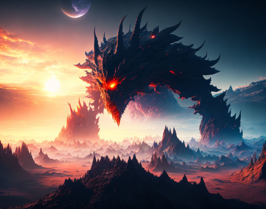 Fantastical landscape with jagged mountains, dragon-like entity, sunset sky, and distant moon.