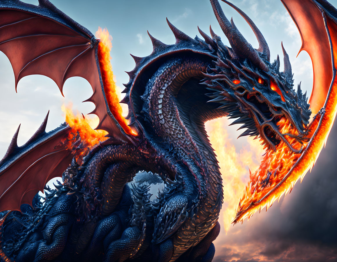 Majestic dragon breathing fire under dramatic sky