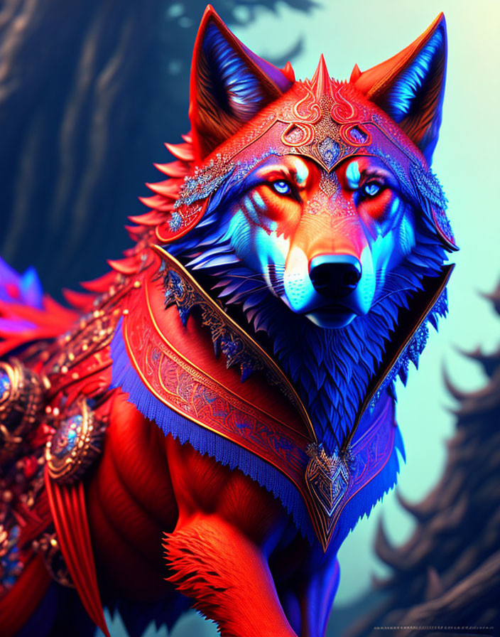 Stylized red fox with blue and red armor on pine needle background