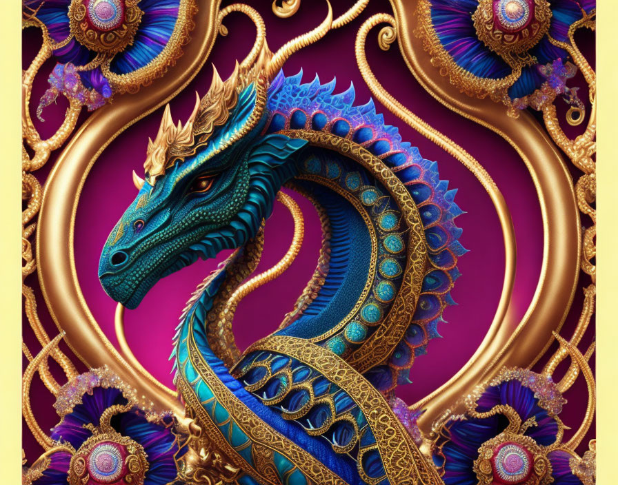 Detailed Blue Dragon Artwork with Gold Accents on Purple Background
