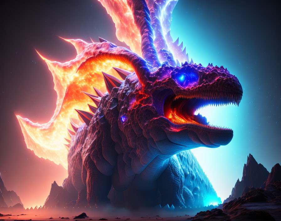 Majestic blue-eyed dragon with fiery wings in fantastical landscape