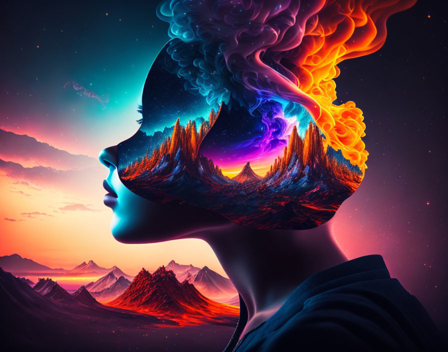 Vibrant surreal portrait with fiery patterns and starry sky backdrop