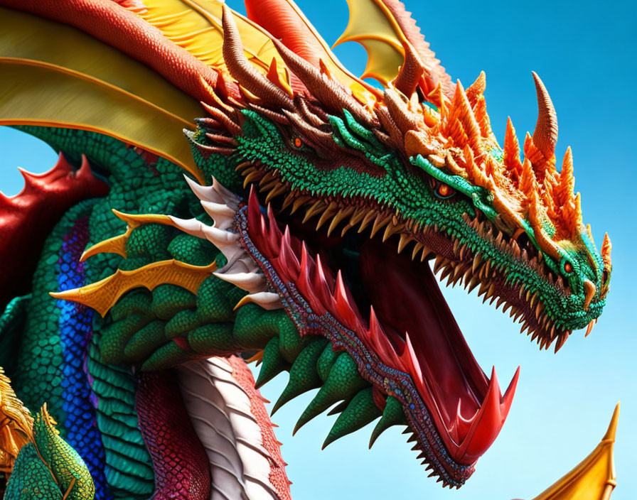 Colorful multi-headed dragon sculpture with detailed scales and sharp fangs on blue background